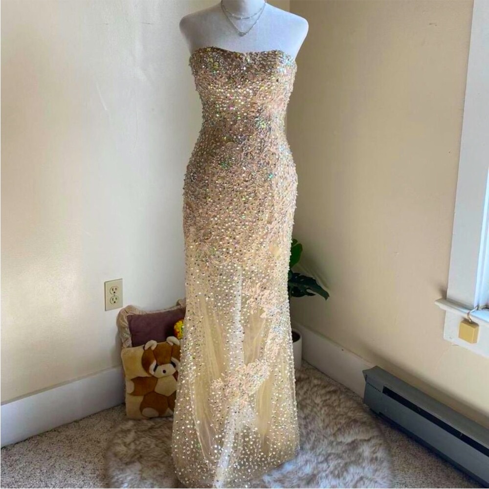 Golden beige beaded prom dress